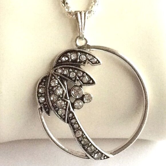 Palm Tree Pendant Necklace Crystal Silver Plated 23" X-Long Chain Coconut Island - Picture 9 of 12